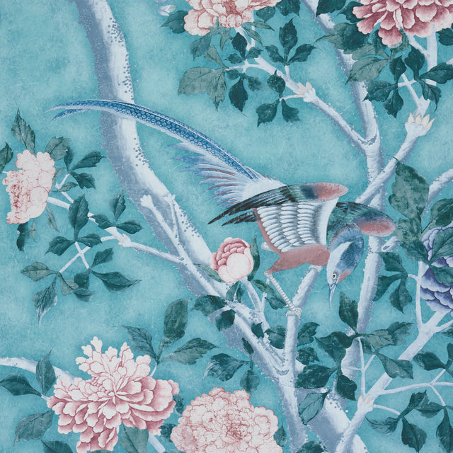 LES OISEAUX PANEL SET Blue Turquoise by Schumacher Birds & Peony Trees Wallpaper – Schumacher 5015156
