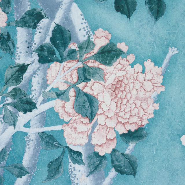 LES OISEAUX PANEL SET Blue Turquoise by Schumacher Birds & Peony Trees Wallpaper – Schumacher 5015156