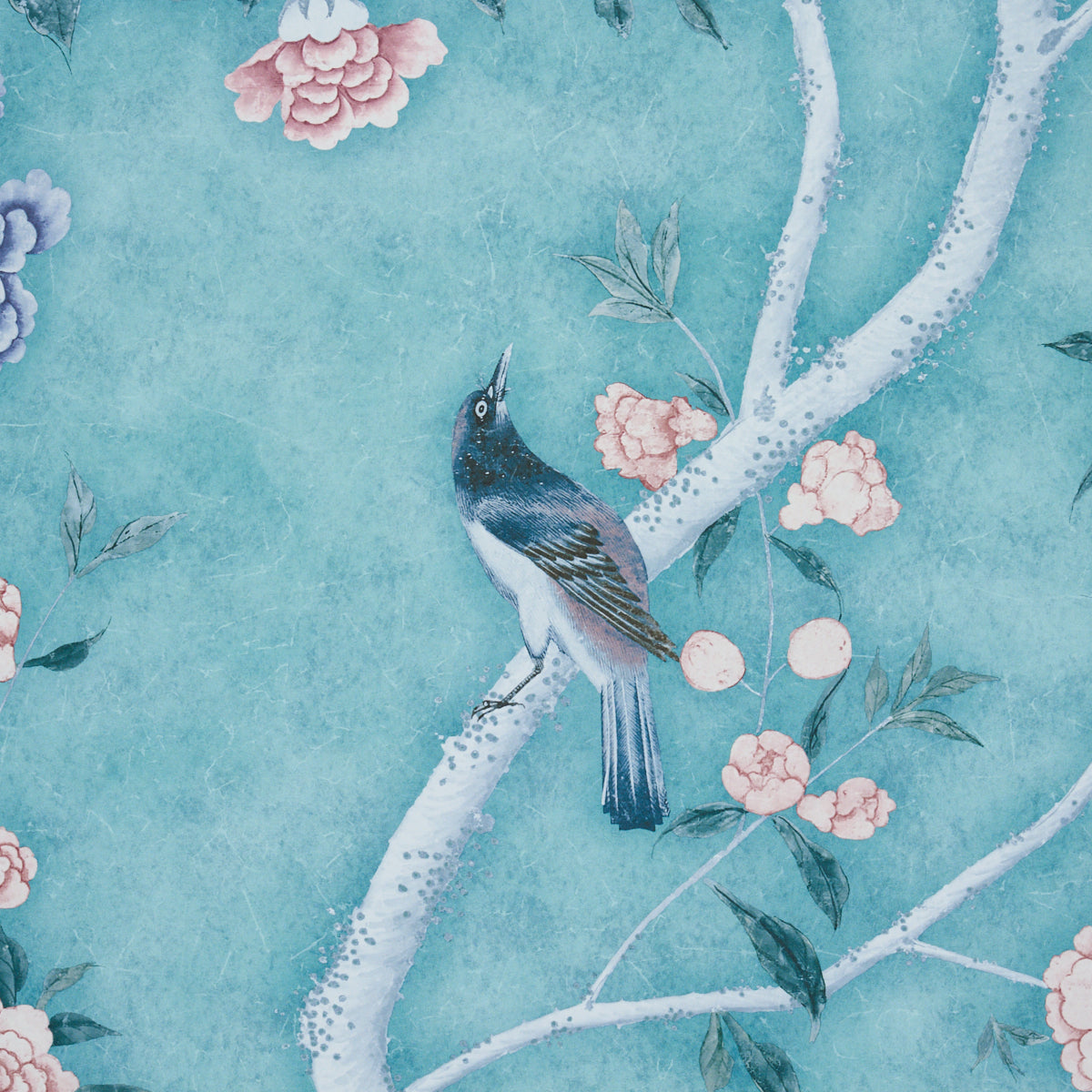 LES OISEAUX PANEL SET Blue Turquoise by Schumacher Birds & Peony Trees Wallpaper – Schumacher 5015156