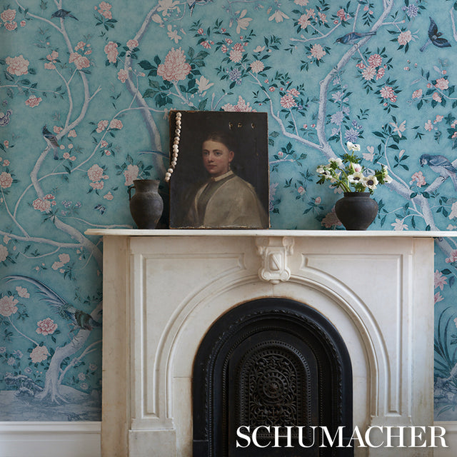 LES OISEAUX PANEL SET Blue Turquoise by Schumacher Birds & Peony Trees Wallpaper – Schumacher 5015156