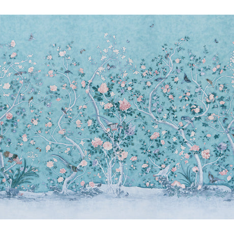 LES OISEAUX PANEL SET wallpaper by Schumacher, designed by Mary McDonald, featuring elegant birds and flowering peony trees in blue turquoise.