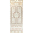Shell Grotto Panel A wallpaper by Mary McDonald for Schumacher, sand-colored with intricate shell and architectural motifs, shown in interior settings.
