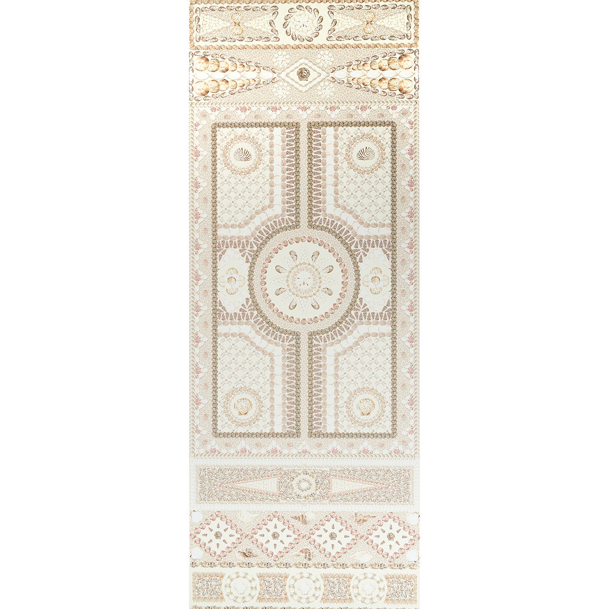 Shell Grotto Panel A wallpaper by Mary McDonald for Schumacher, sand-colored with intricate shell and architectural motifs, shown in interior settings.