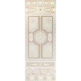 Shell Grotto Panel A wallpaper by Mary McDonald for Schumacher, sand-colored with intricate shell and architectural motifs, shown in interior settings.
