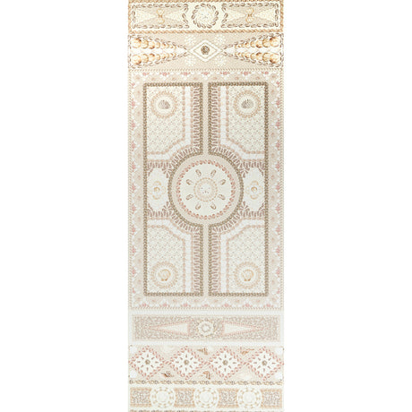Shell Grotto Panel A wallpaper by Mary McDonald for Schumacher, sand-colored with intricate shell and architectural motifs, shown in interior settings.
