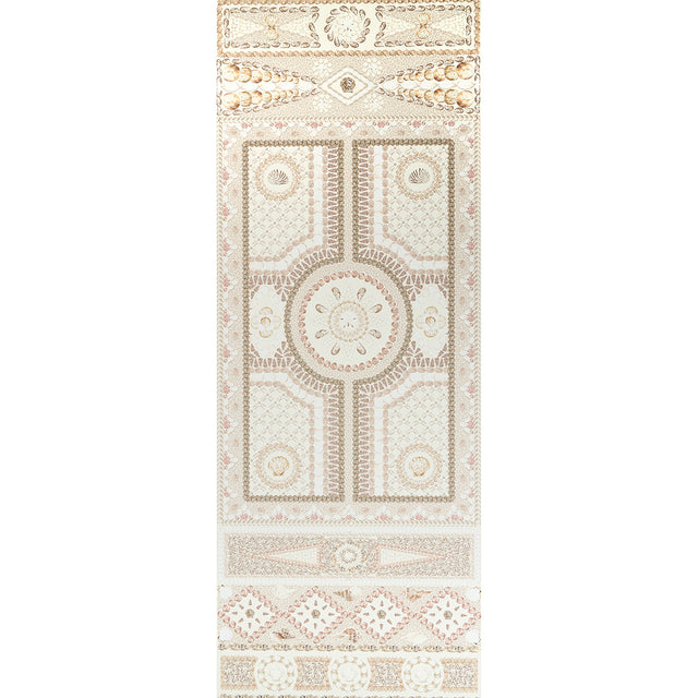 Shell Grotto Panel A wallpaper by Mary McDonald for Schumacher, sand-colored with intricate shell and architectural motifs, shown in interior settings.
