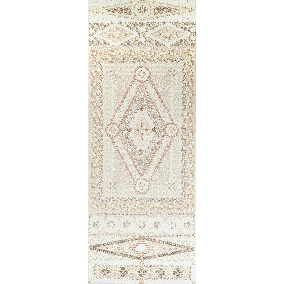 Shell Grotto Panel B wallpaper by Mary McDonald for Schumacher in sand color, featuring a classical seashell motif and intricate architectural design.