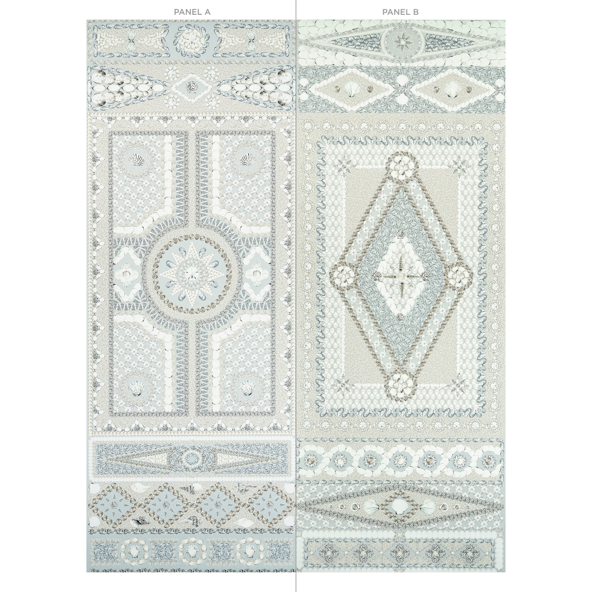 Shell Grotto Panel A Seafoam by Mary McDonald Hand-Painted Shell Motif Wallpaper Panel – Schumacher 5015164