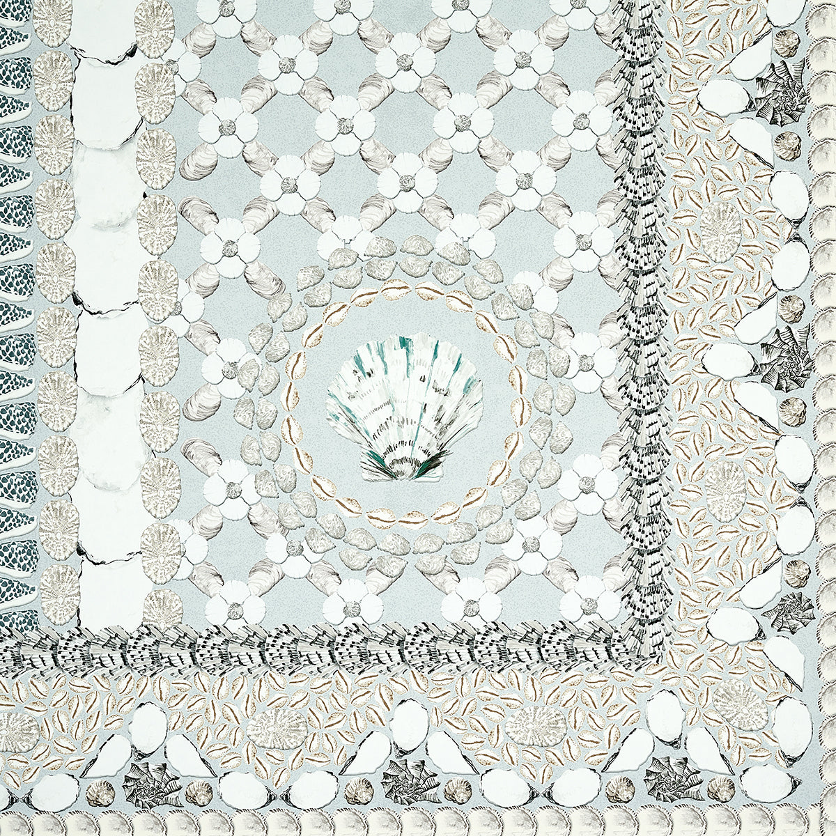 Shell Grotto Panel A Seafoam by Mary McDonald Hand-Painted Shell Motif Wallpaper Panel – Schumacher 5015164