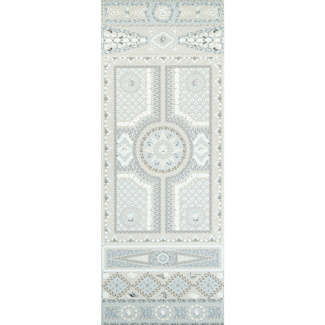 Shell Grotto Panel A wallpaper in seafoam by Mary McDonald for Schumacher, featuring a classical shell motif in a hand-painted style.