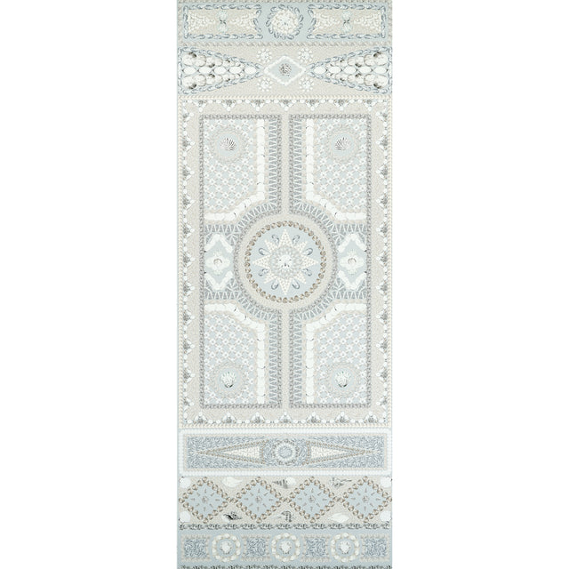 Shell Grotto Panel A wallpaper in seafoam by Mary McDonald for Schumacher, featuring a classical shell motif in a hand-painted style.