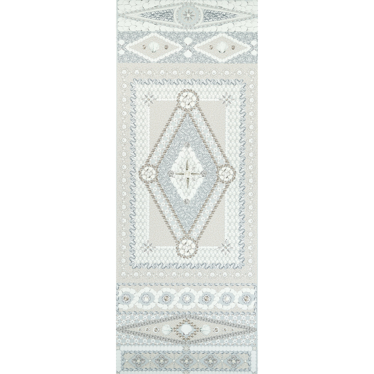 Shell Grotto Panel B wallpaper in seafoam by Mary McDonald for Schumacher, featuring a classical seashell motif in a hand-painted style.