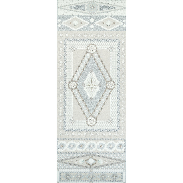 Shell Grotto Panel B wallpaper in seafoam by Mary McDonald for Schumacher, featuring a classical seashell motif in a hand-painted style.