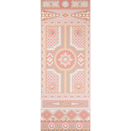 Shell Grotto Panel A wallpaper in coral by Mary McDonald for Schumacher, featuring intricate seashell and classical architectural motifs in a hand-painted style.