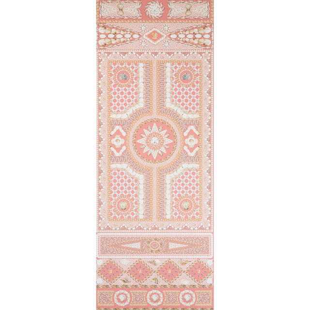 Shell Grotto Panel A wallpaper in coral by Mary McDonald for Schumacher, featuring intricate seashell and classical architectural motifs in a hand-painted style.