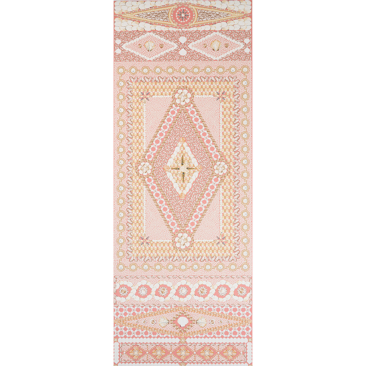 Shell Grotto Panel B wallpaper in coral by Mary McDonald for Schumacher, featuring a hand-painted seashell motif in classical architectural forms.