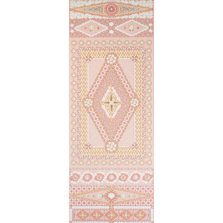Shell Grotto Panel B wallpaper in coral by Mary McDonald for Schumacher, featuring a hand-painted seashell motif in classical architectural forms.