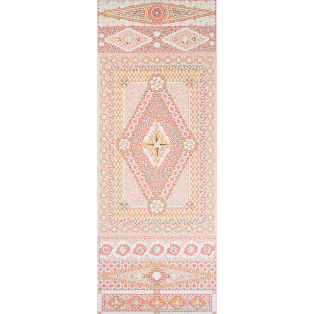 Shell Grotto Panel B wallpaper in coral by Mary McDonald for Schumacher, featuring a hand-painted seashell motif in classical architectural forms.