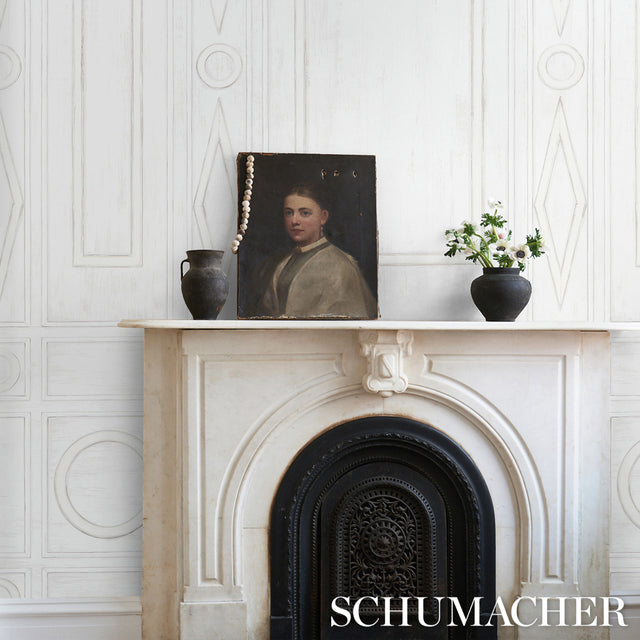 Swedish Manor Panel A White by Mary McDonald Neoclassical Panel Wallpaper – Schumacher 5015170