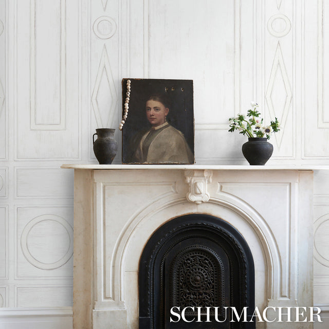 Swedish Manor Panel B White by Mary McDonald Neoclassical Panel Wallpaper – Schumacher 5015171