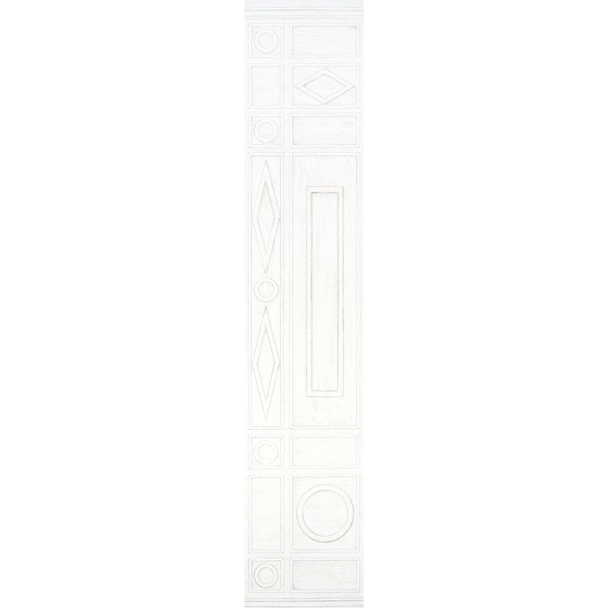 Swedish Manor Panel B wallpaper by Mary McDonald for Schumacher, white neoclassical panel design, shown in interior and detail views.