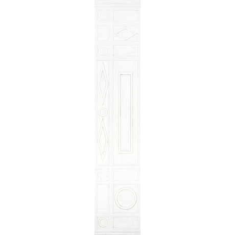 Swedish Manor Panel B wallpaper by Mary McDonald for Schumacher, white neoclassical panel design, shown in interior and detail views.