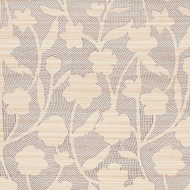 Kantha Embroidered Flower Sisal wallpaper in Carbon by Schumacher, featuring a floral embroidered pattern on textured grasscloth.