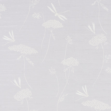 La Libellule Silk wallpaper in Moonstone by Schumacher features a delicate dragonfly and floral design on a luminous silk ground.
