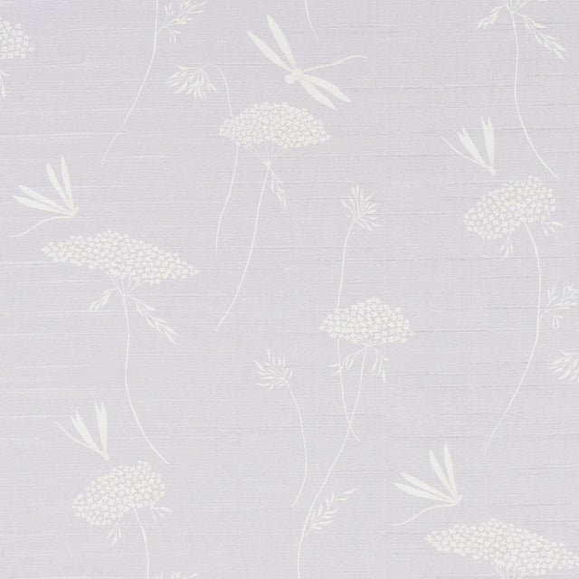 La Libellule Silk wallpaper in Moonstone by Schumacher features a delicate dragonfly and floral design on a luminous silk ground.