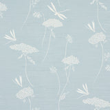 La Libellule Silk wallpaper in Ciel by Schumacher features a delicate dragonfly and floral design on a luminous silk ground in soft blue tones.