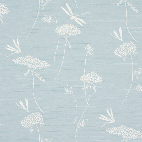 La Libellule Silk wallpaper in Ciel by Schumacher features a delicate dragonfly and floral design on a luminous silk ground in soft blue tones.