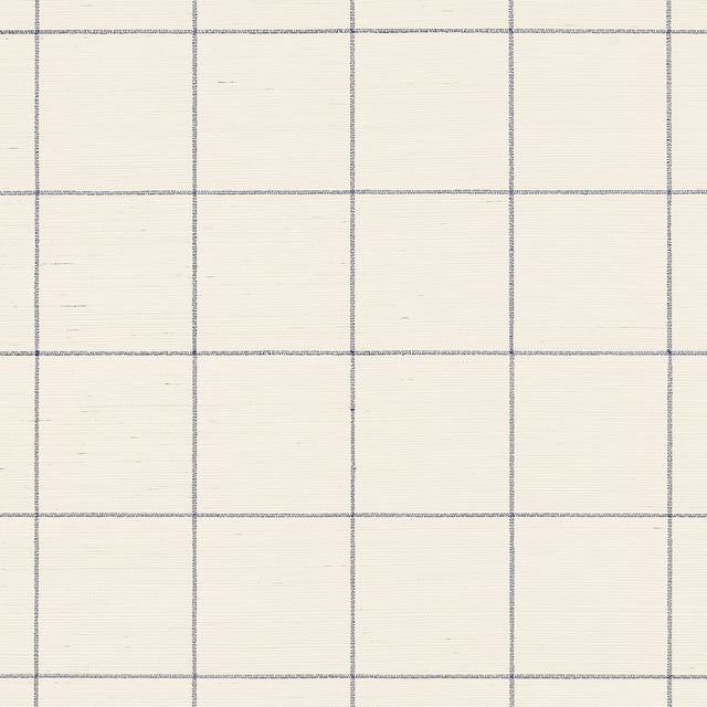 Windowpane Embroidered Sisal wallpaper in navy blue grid on natural woven ground by Schumacher