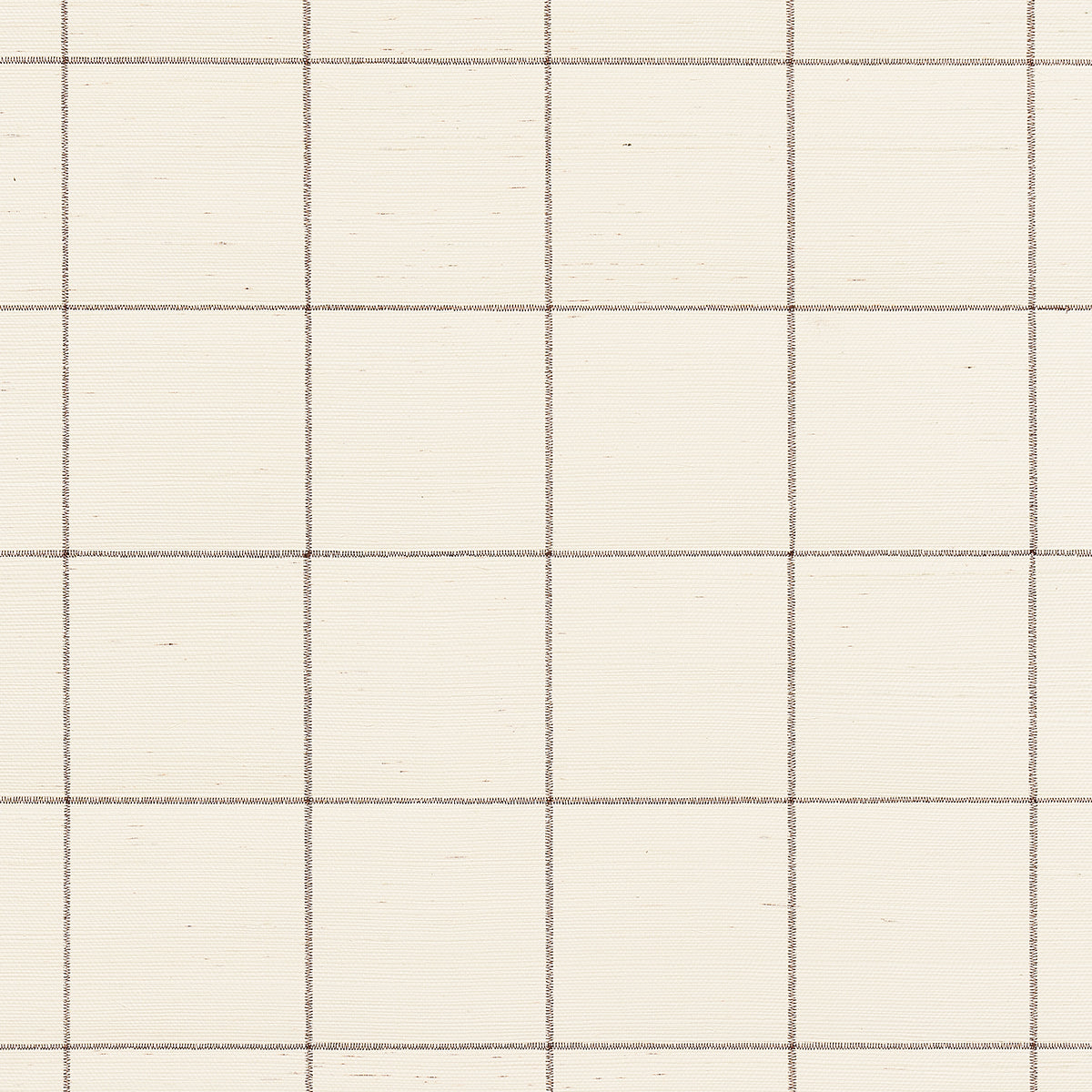 Windowpane Embroidered Sisal wallpaper in Java by Schumacher. A natural woven wallcovering with a stitched grid pattern, shown in a styled interior and close-up views.