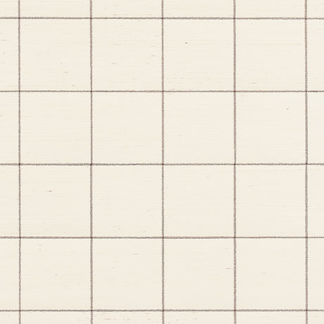 Windowpane Embroidered Sisal wallpaper in Java by Schumacher. A natural woven wallcovering with a stitched grid pattern, shown in a styled interior and close-up views.