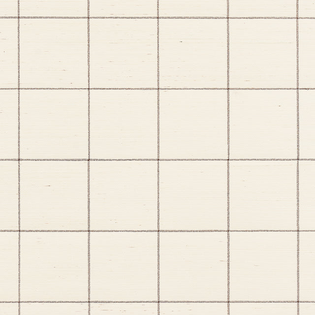 Windowpane Embroidered Sisal wallpaper in Java by Schumacher. A natural woven wallcovering with a stitched grid pattern, shown in a styled interior and close-up views.