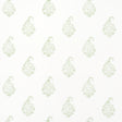 Kerala Paisley II wallpaper in Leaf by Schumacher, featuring classic tear-shaped paisleys in a small-scale green pattern on white.