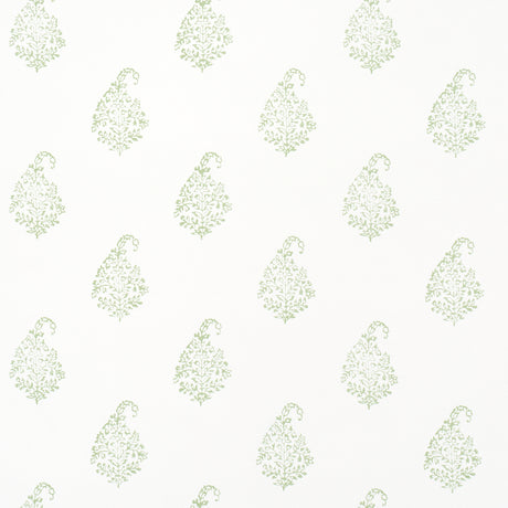 Kerala Paisley II wallpaper in Leaf by Schumacher, featuring classic tear-shaped paisleys in a small-scale green pattern on white.