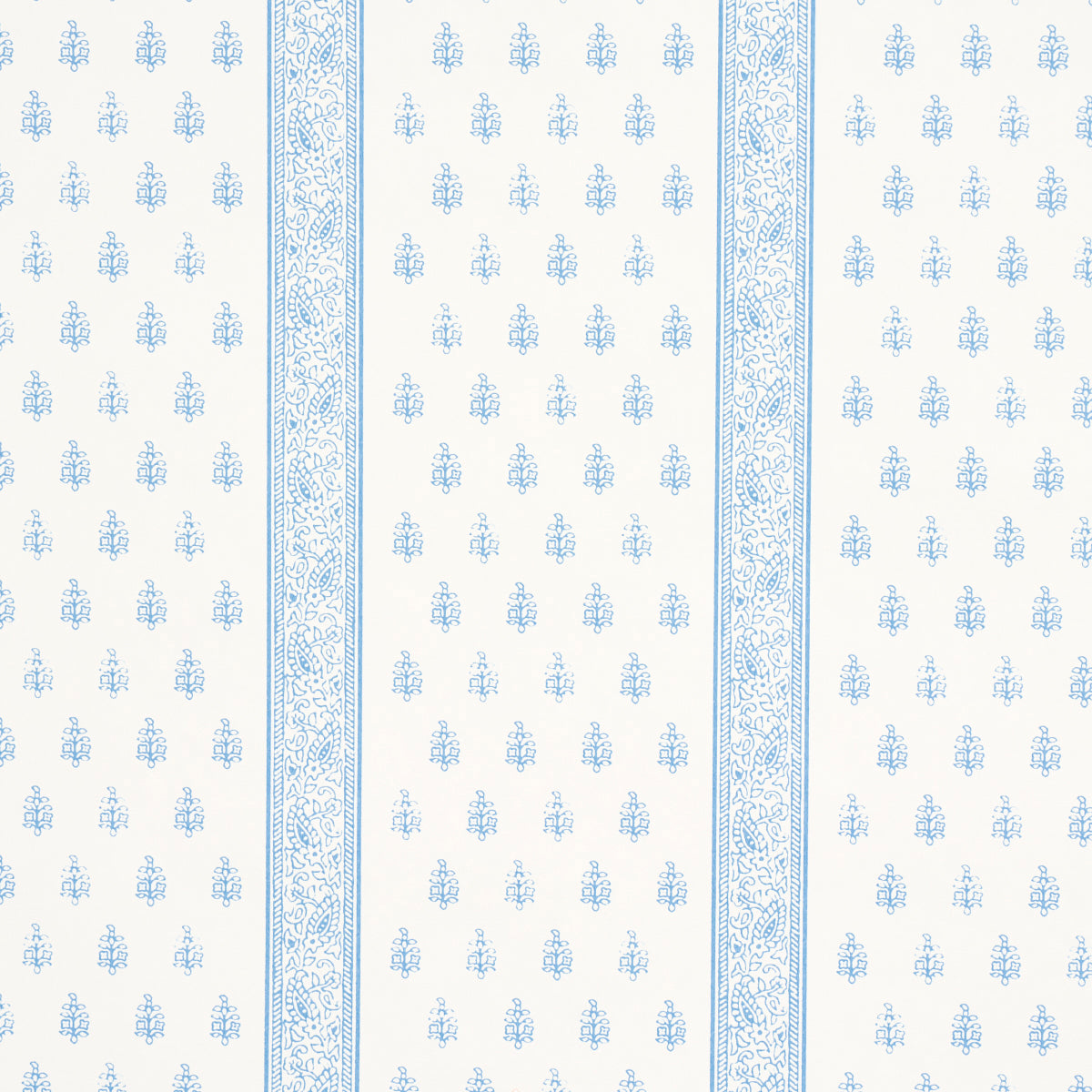 Katsura Stripe II wallpaper in Chambray by Schumacher, featuring delicate blue floral motifs and intricate stripes on a white background.