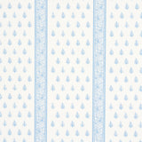 Katsura Stripe II wallpaper in Chambray by Schumacher, featuring delicate blue floral motifs and intricate stripes on a white background.