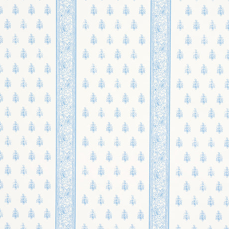 Katsura Stripe II wallpaper in Chambray by Schumacher, featuring delicate blue floral motifs and intricate stripes on a white background.