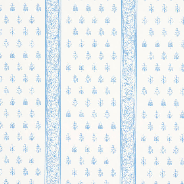 Katsura Stripe II wallpaper in Chambray by Schumacher, featuring delicate blue floral motifs and intricate stripes on a white background.