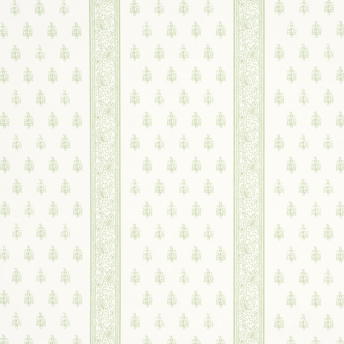 Katsura Stripe II wallpaper in Leaf by Schumacher, featuring delicate green floral motifs and intricate stripes on a light background.