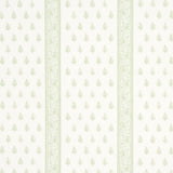 Katsura Stripe II wallpaper in Leaf by Schumacher, featuring delicate green floral motifs and intricate stripes on a light background.