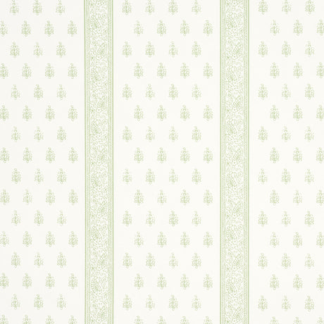 Katsura Stripe II wallpaper in Leaf by Schumacher, featuring delicate green floral motifs and intricate stripes on a light background.