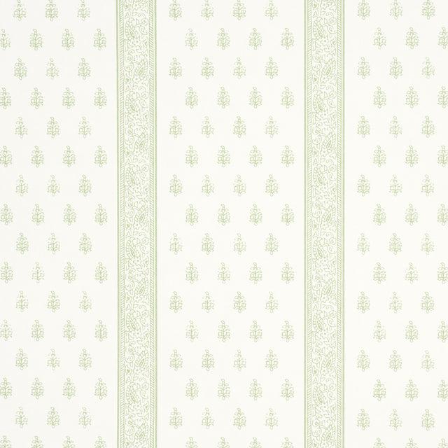 Katsura Stripe II wallpaper in Leaf by Schumacher, featuring delicate green floral motifs and intricate stripes on a light background.