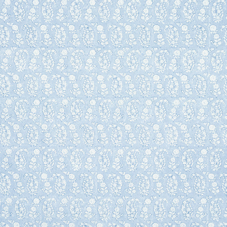 Arita Block Print wallpaper in Cornflower by Schumacher, featuring a hand-blocked paisley and floral pattern in blue and white.