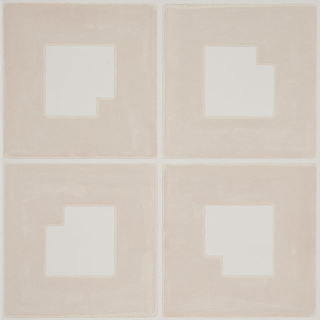 Backdrop Palindrome Sand wallpaper by Schumacher, featuring a large-scale geometric grid pattern in soft beige tones.