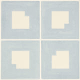 Palindrome Sky by Backdrop for Schumacher. Large-scale geometric grid wallpaper in soft blue and white, shown in room and detail views.