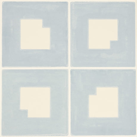 Palindrome Sky by Backdrop for Schumacher. Large-scale geometric grid wallpaper in soft blue and white, shown in room and detail views.