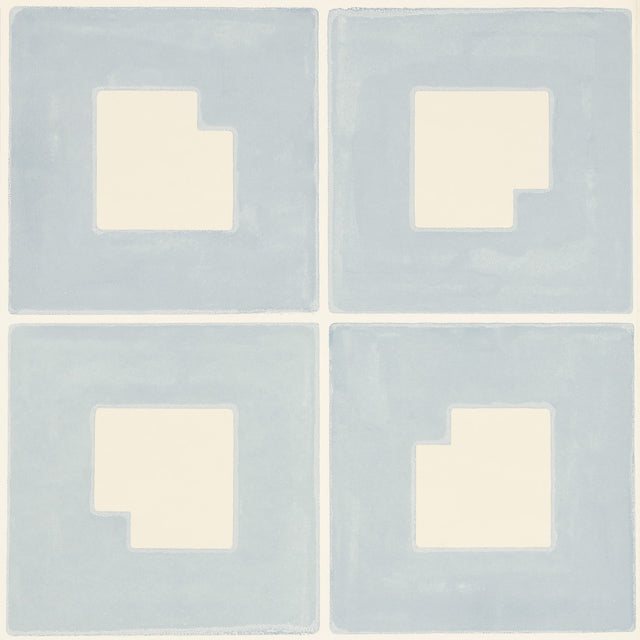 Palindrome Sky by Backdrop for Schumacher. Large-scale geometric grid wallpaper in soft blue and white, shown in room and detail views.